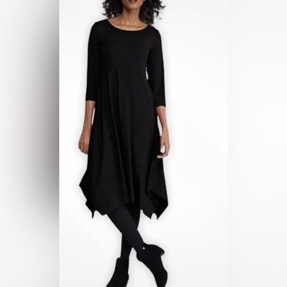 EILEEN FISHER 100% Wool Crepe Midi Dress Black Knit Pullover Handkerchief Hem